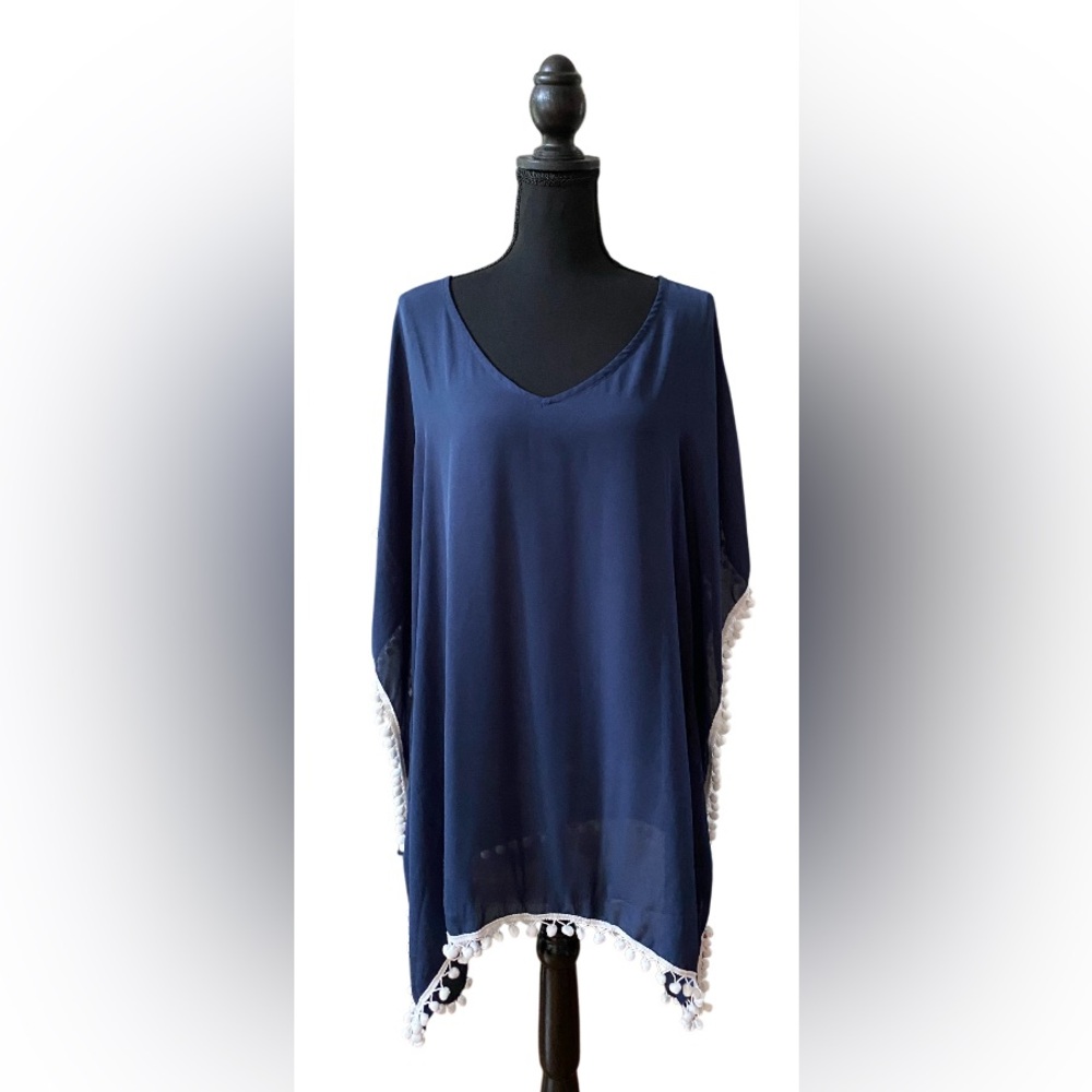 Adreamly: Navy Blue Poncho Coverup with White Pom Pom Tassels